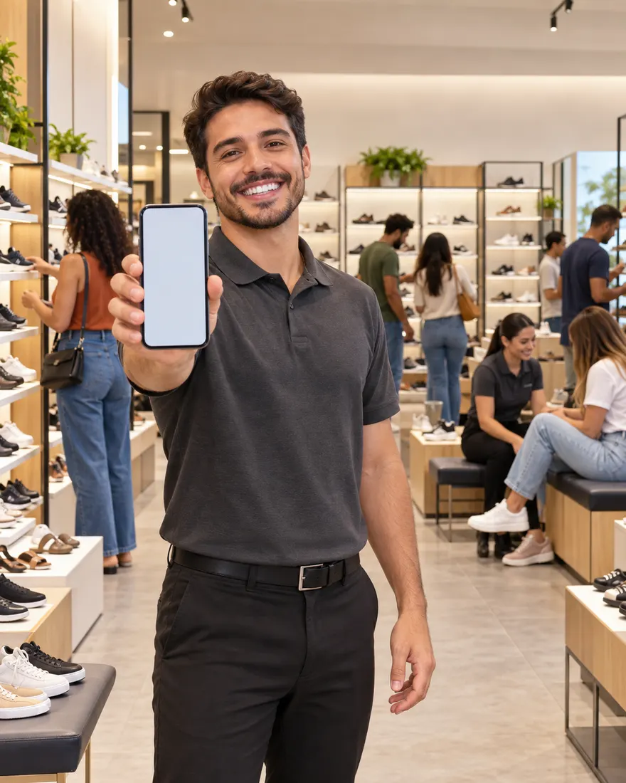 Vendedor de uma loja de calçados sorrindo e mostrando o celular, com clientes provando tênis ao fundo