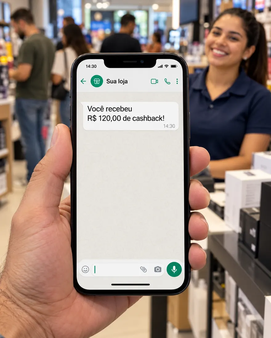 Cliente segurando o celular com a mensagem “Você recebeu R$ 120,00 de cashback!” no WhatsApp da loja, com a vendedora sorrindo no balcão
