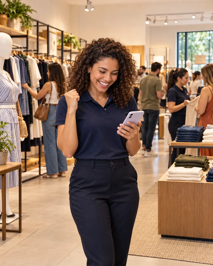 Vendedora de uma loja de roupas comemorando ao olhar o celular, com clientes escolhendo peças ao fundo