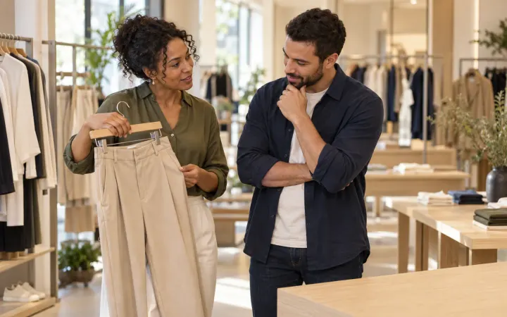 Vendedora mostrando uma calça de sarja a um cliente numa loja de roupas
