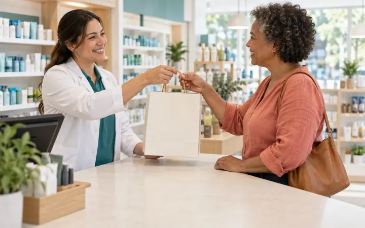 Farmacêutica entregando a sacola a uma cliente no balcão da farmácia